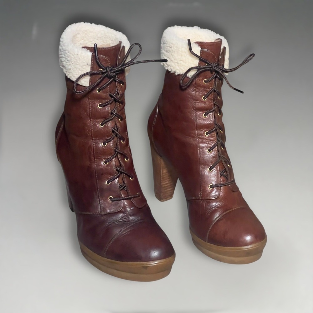 Fendi Brown Leather Shearling Lace Up High Heel Platform Boots Size 37